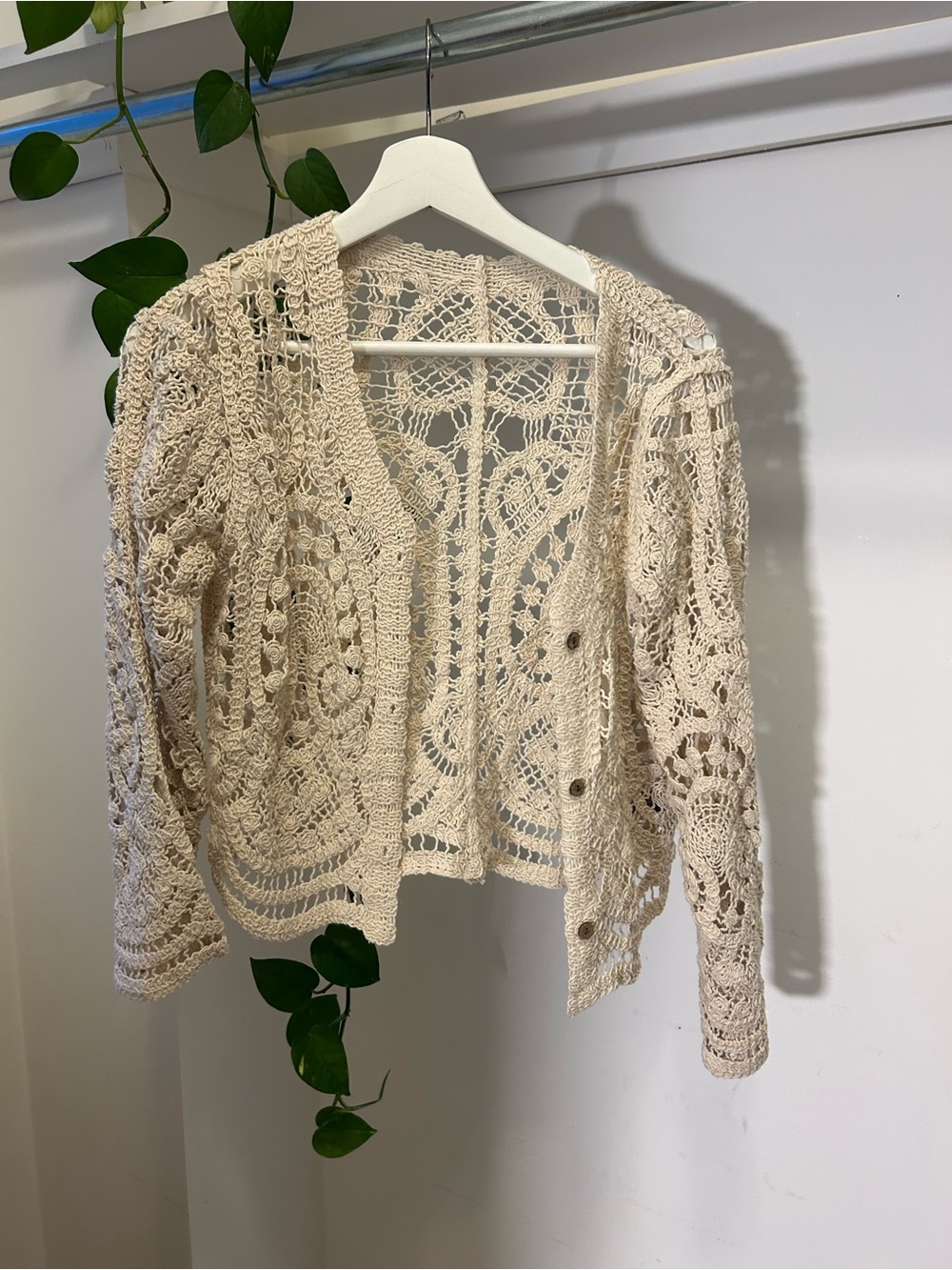 Openwork Crochet Button-Front Cardigan Sweater - Cream